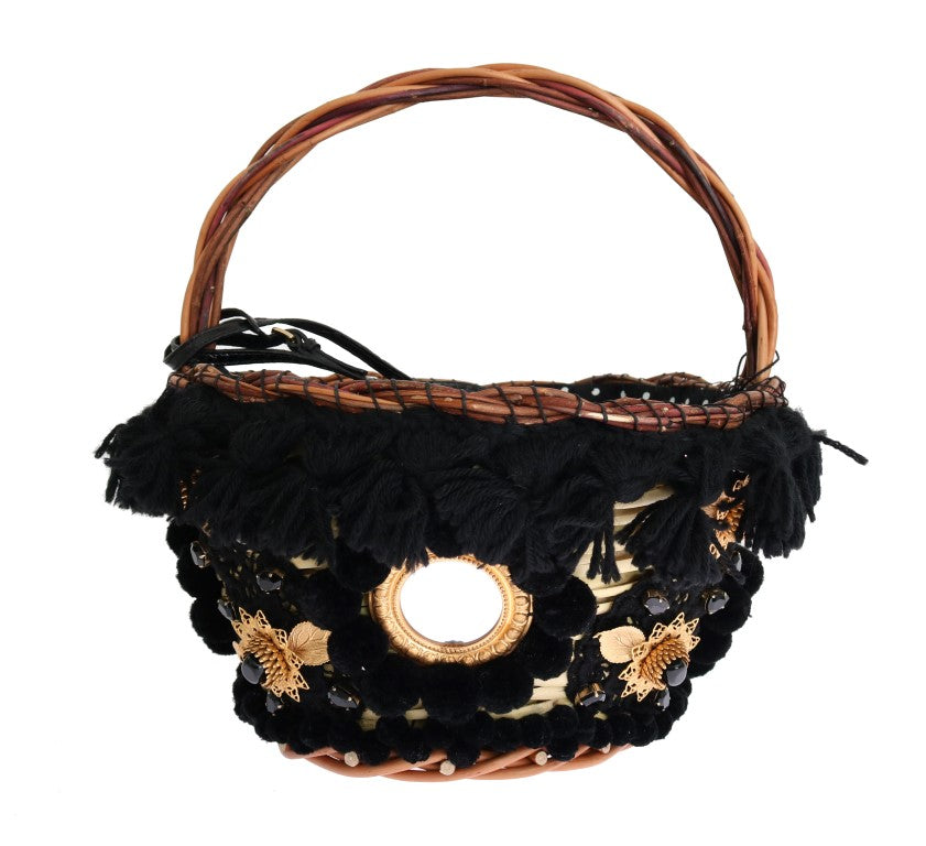 Dolce & Gabbana Beige Straw Snakeskin Pom Pom Crystal AGNESE Bag - ClickThatClicks 