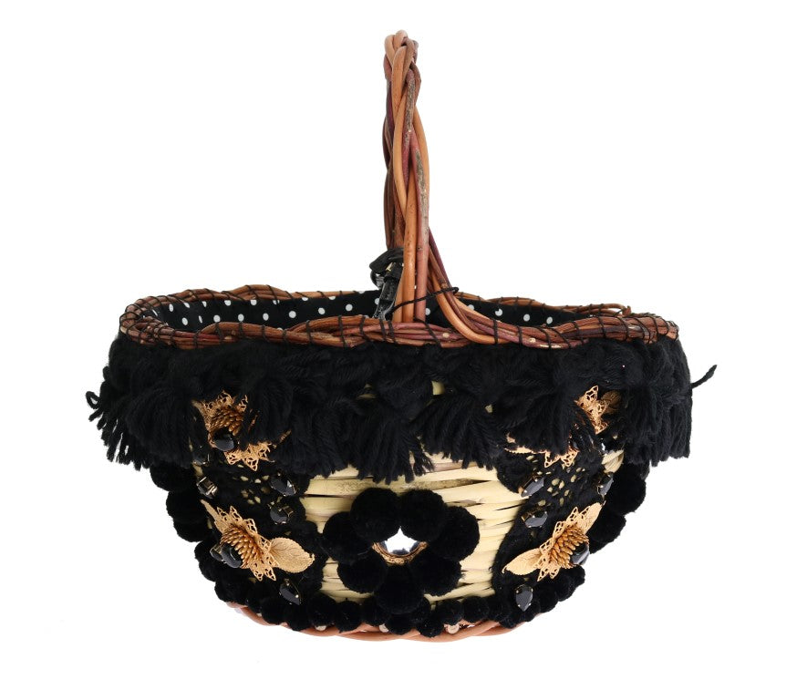 Dolce & Gabbana Beige Straw Snakeskin Pom Pom Crystal AGNESE Bag - ClickThatClicks 