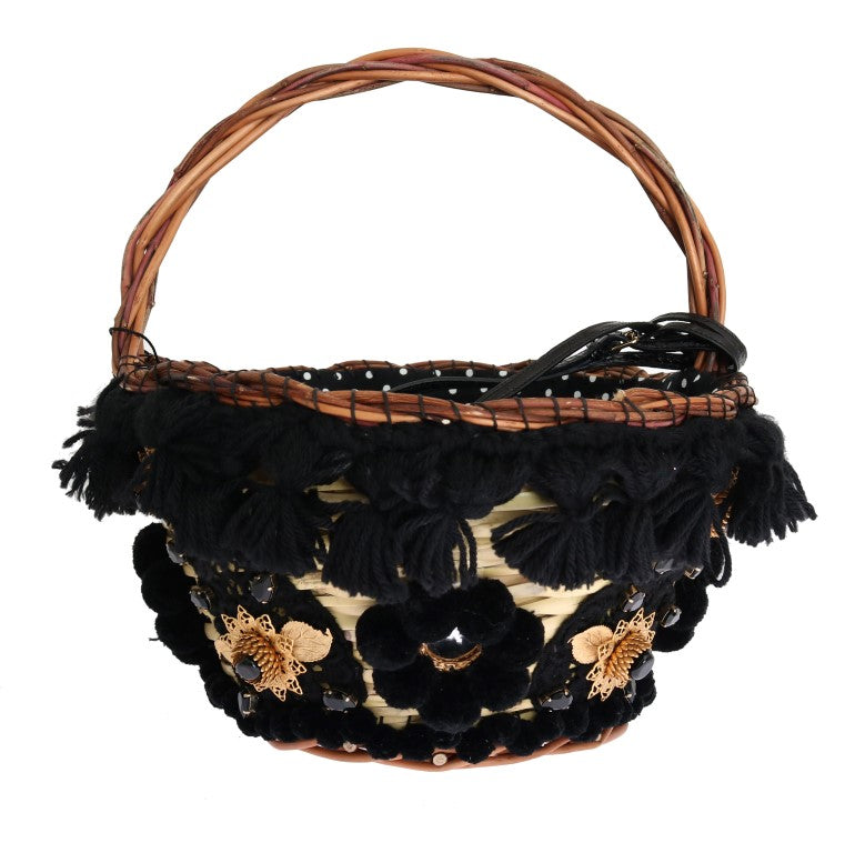 Dolce & Gabbana Beige Straw Snakeskin Pom Pom Crystal AGNESE Bag - ClickThatClicks 