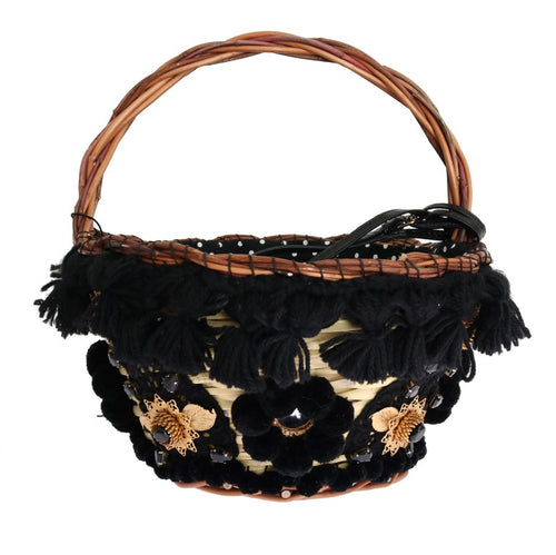 Dolce & Gabbana Beige Straw Snakeskin Pom Pom Crystal AGNESE Bag - ClickThatClicks 