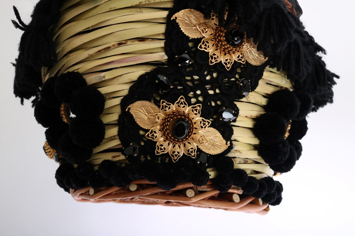 Dolce & Gabbana Beige Straw Snakeskin Pom Pom Crystal AGNESE Bag - ClickThatClicks 