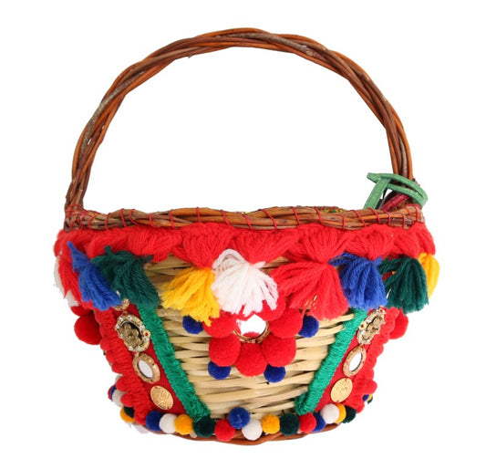 Dolce & Gabbana Multicolor AGNESE Straw Crystal  Pom Pom Bag - ClickThatClicks 