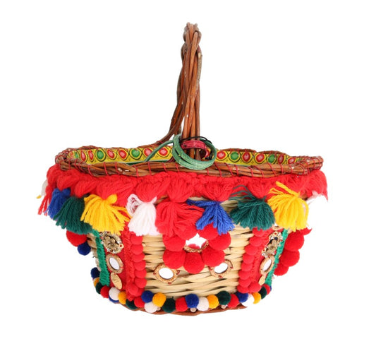 Dolce & Gabbana Multicolor AGNESE Straw Crystal  Pom Pom Bag - ClickThatClicks 