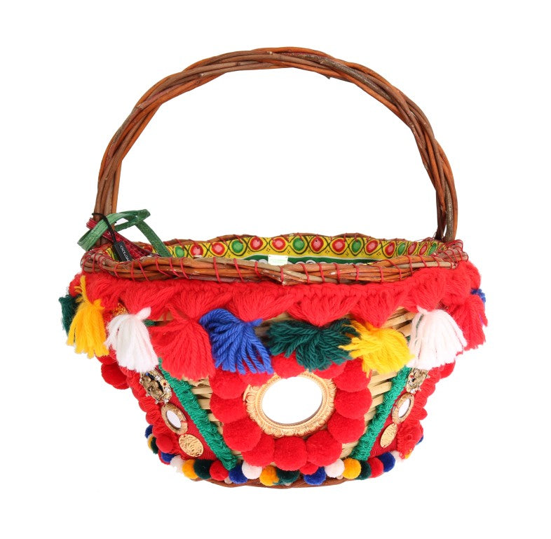 Dolce & Gabbana Multicolor AGNESE Straw Crystal  Pom Pom Bag - ClickThatClicks 