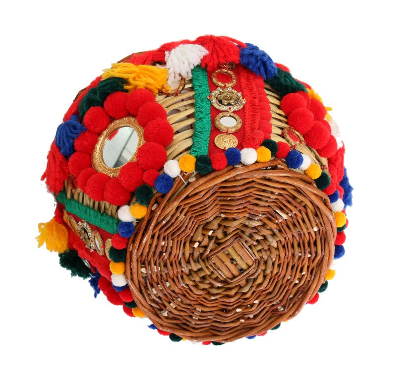 Dolce & Gabbana Multicolor AGNESE Straw Crystal  Pom Pom Bag - ClickThatClicks 