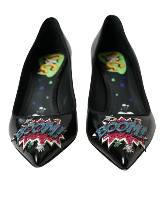 Dolce & Gabbana Black Leather BOOM Patch Heels Pumps Shoes - ClickThatClicks 