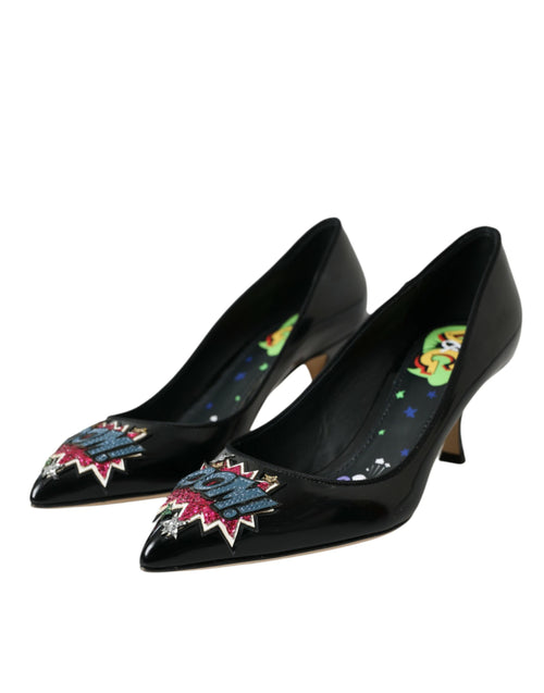 Dolce & Gabbana Black Leather BOOM Patch Heels Pumps Shoes - ClickThatClicks 