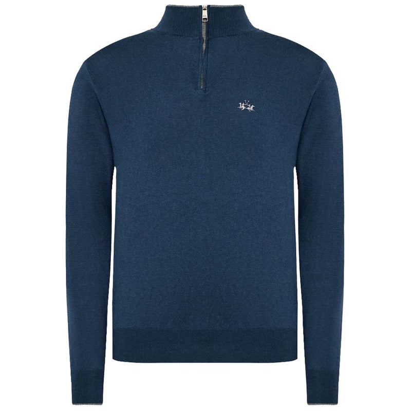 La Martina Blue Wool Men Sweater with Half Zip Closure
