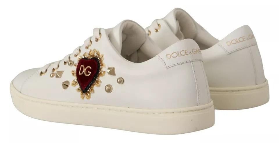 Dolce & Gabbana White Leather Gold Red Heart Sneakers Shoes - ClickThatClicks 