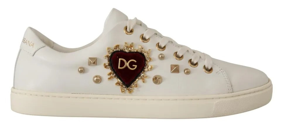 Dolce & Gabbana White Leather Gold Red Heart Sneakers Shoes - ClickThatClicks 