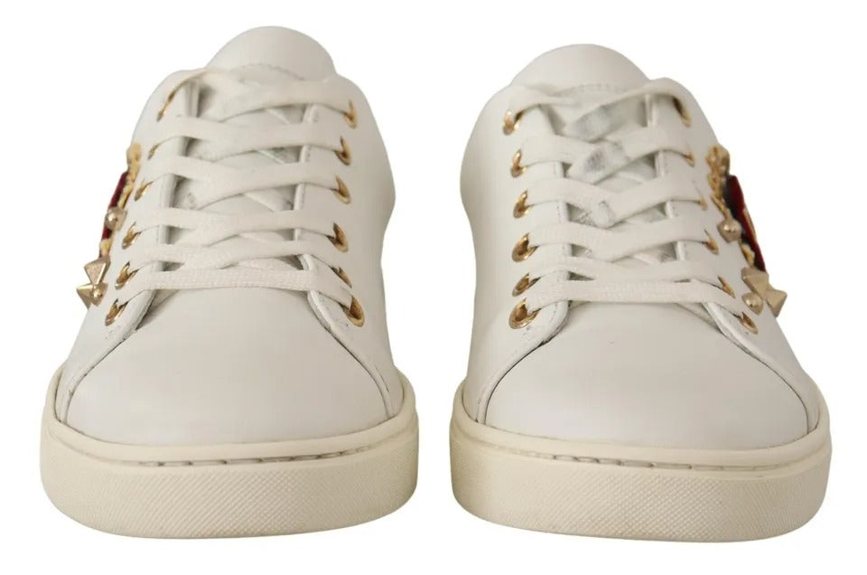 Dolce & Gabbana White Leather Gold Red Heart Sneakers Shoes - ClickThatClicks 