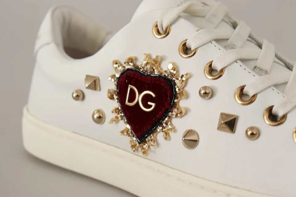 Dolce & Gabbana White Leather Gold Red Heart Sneakers Shoes - ClickThatClicks 