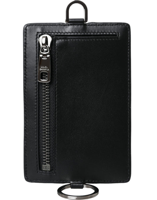 Dolce & Gabbana Black Calf Leather Lanyard Logo Card Holder Men Wallet - ClickThatClicks 