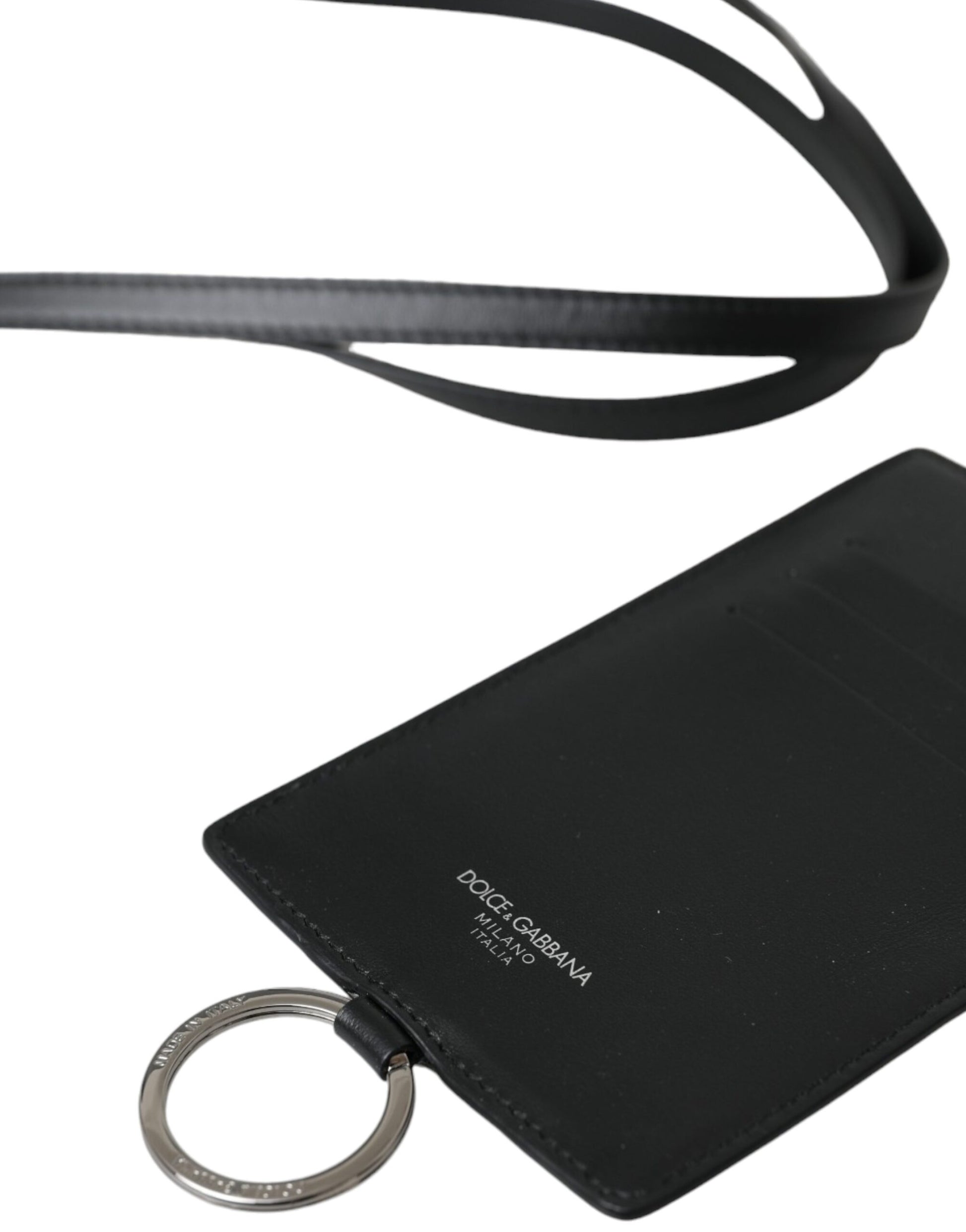 Dolce & Gabbana Black Calf Leather Lanyard Logo Card Holder Men Wallet - ClickThatClicks 
