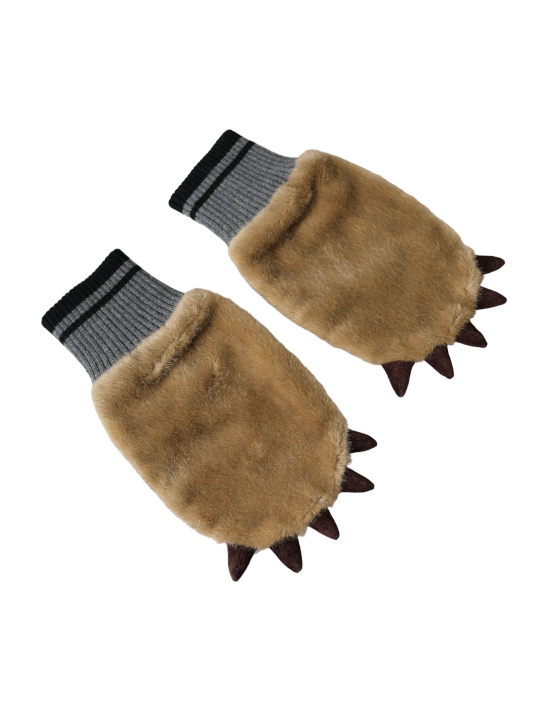 Dolce & Gabbana Beige Acrylic Knitted Fur Wrist Mitten Gloves - ClickThatClicks 