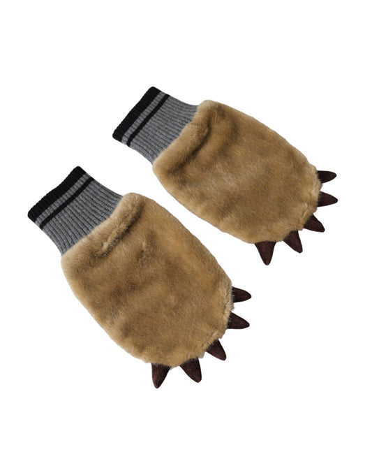 Dolce & Gabbana Beige Acrylic Knitted Fur Wrist Mitten Gloves - ClickThatClicks 