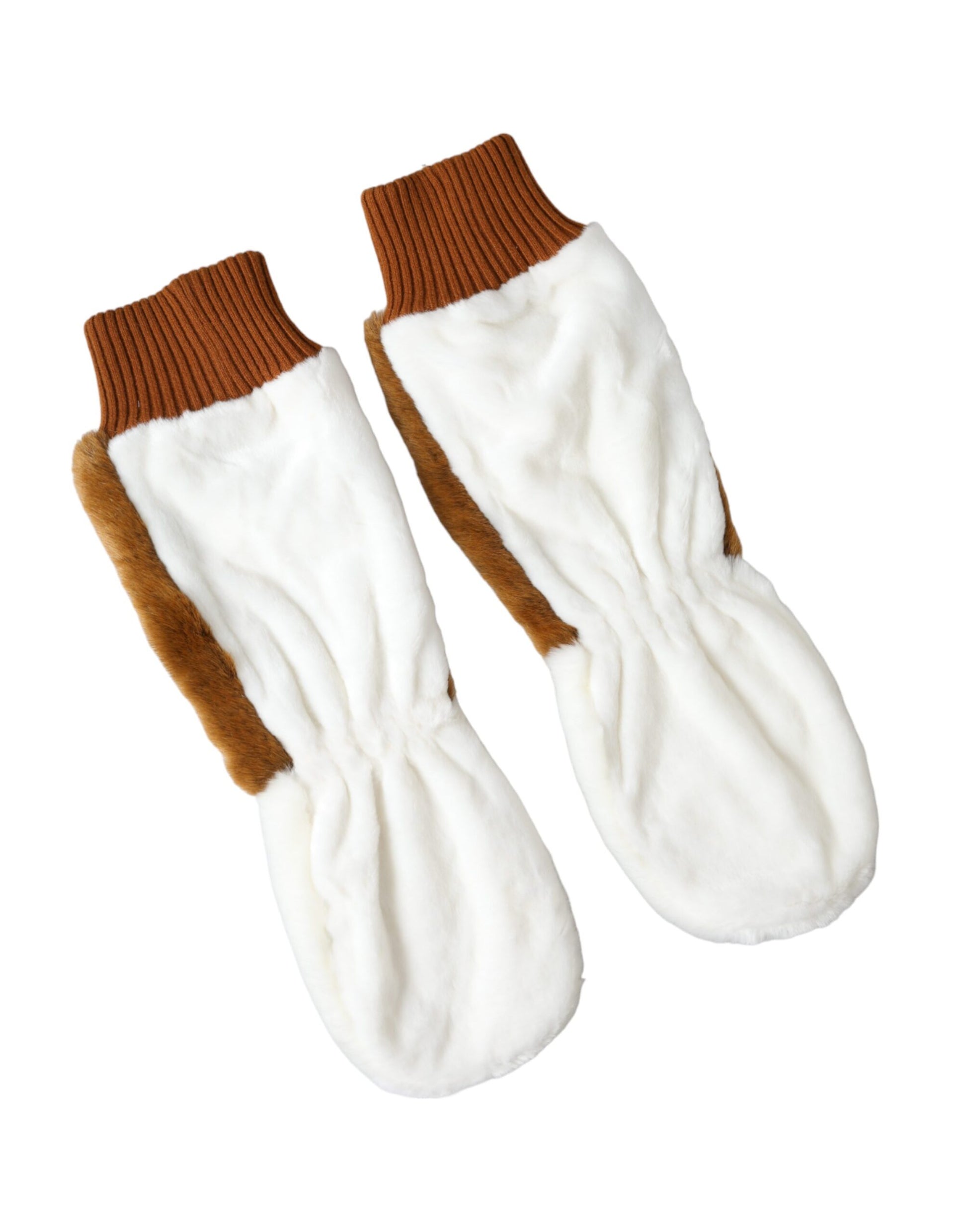 Dolce & Gabbana Brown White Acrylic Knitted Fur Mitten Gloves - ClickThatClicks 
