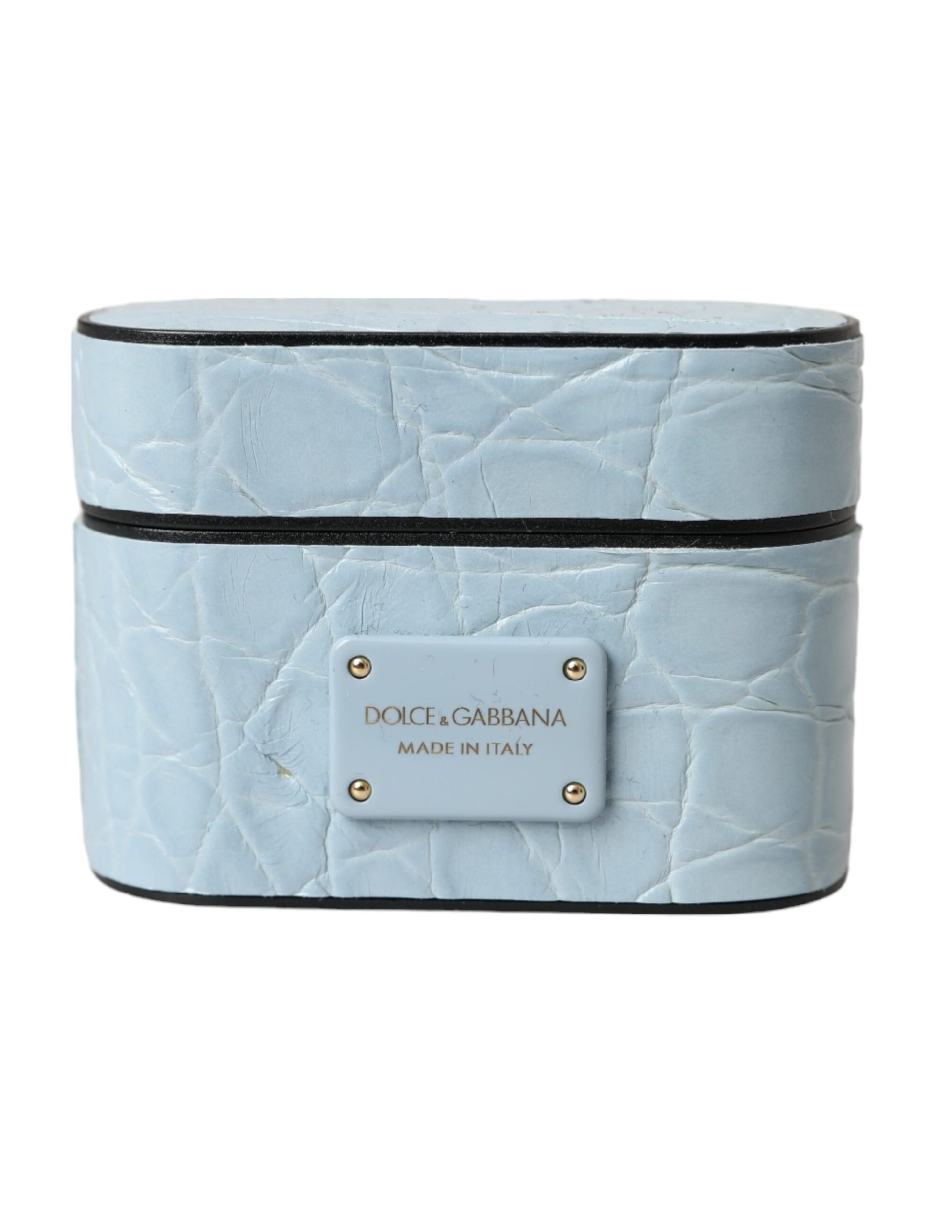Dolce & Gabbana Light Blue Leather Metal Logo Plaque Airpods Case - ClickThatClicks 