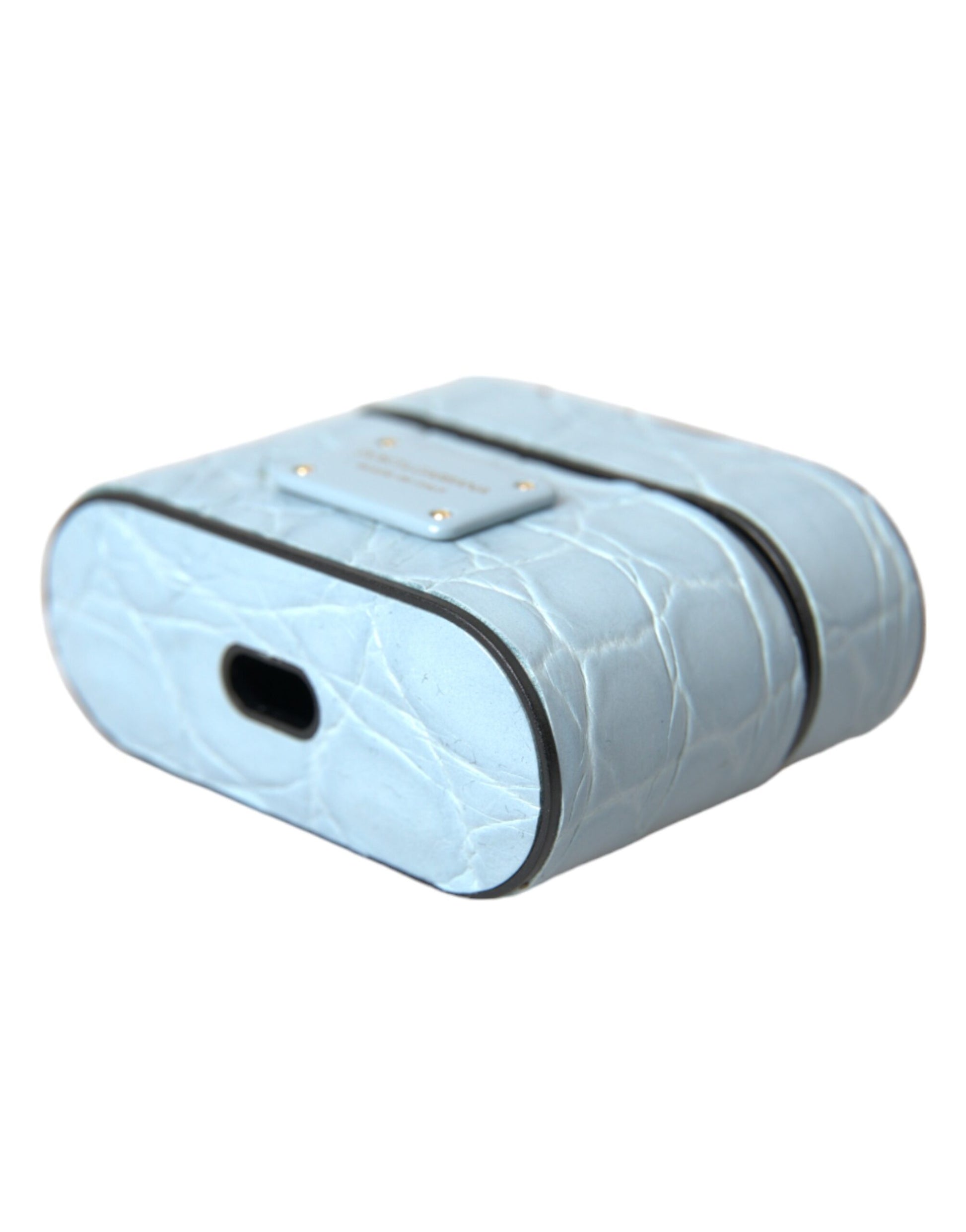 Dolce & Gabbana Light Blue Leather Metal Logo Plaque Airpods Case - ClickThatClicks 