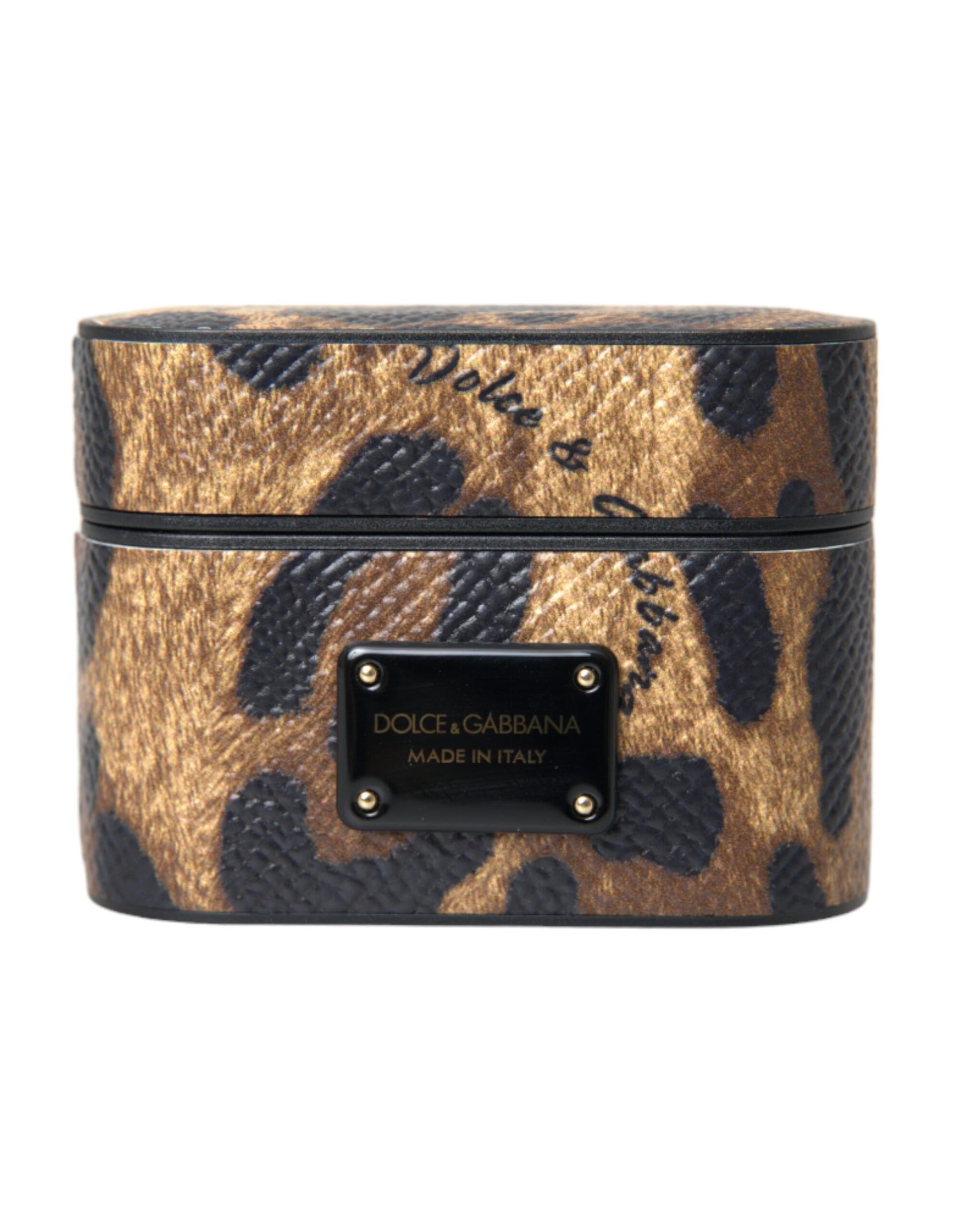 Dolce & Gabbana Brown Leopard Calf Leather Metal Logo Plaque Airpods Case - ClickThatClicks 