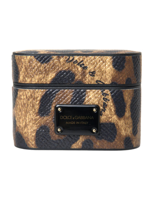 Dolce & Gabbana Brown Leopard Calf Leather Metal Logo Plaque Airpods Case - ClickThatClicks 