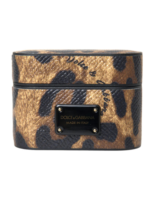 Dolce & Gabbana Brown Leopard Calf Leather Metal Logo Plaque Airpods Case - ClickThatClicks 
