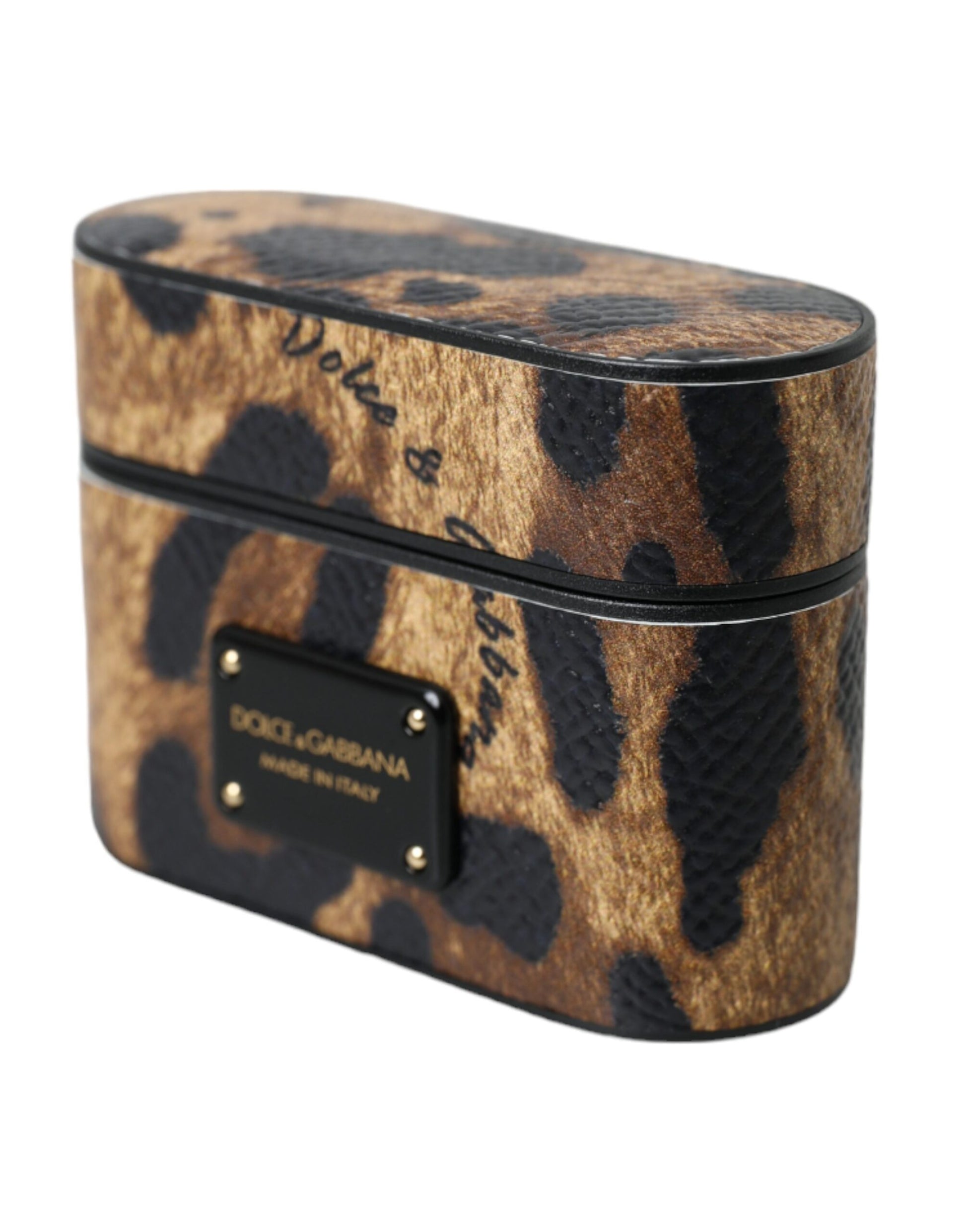 Dolce & Gabbana Brown Leopard Calf Leather Metal Logo Plaque Airpods Case - ClickThatClicks 