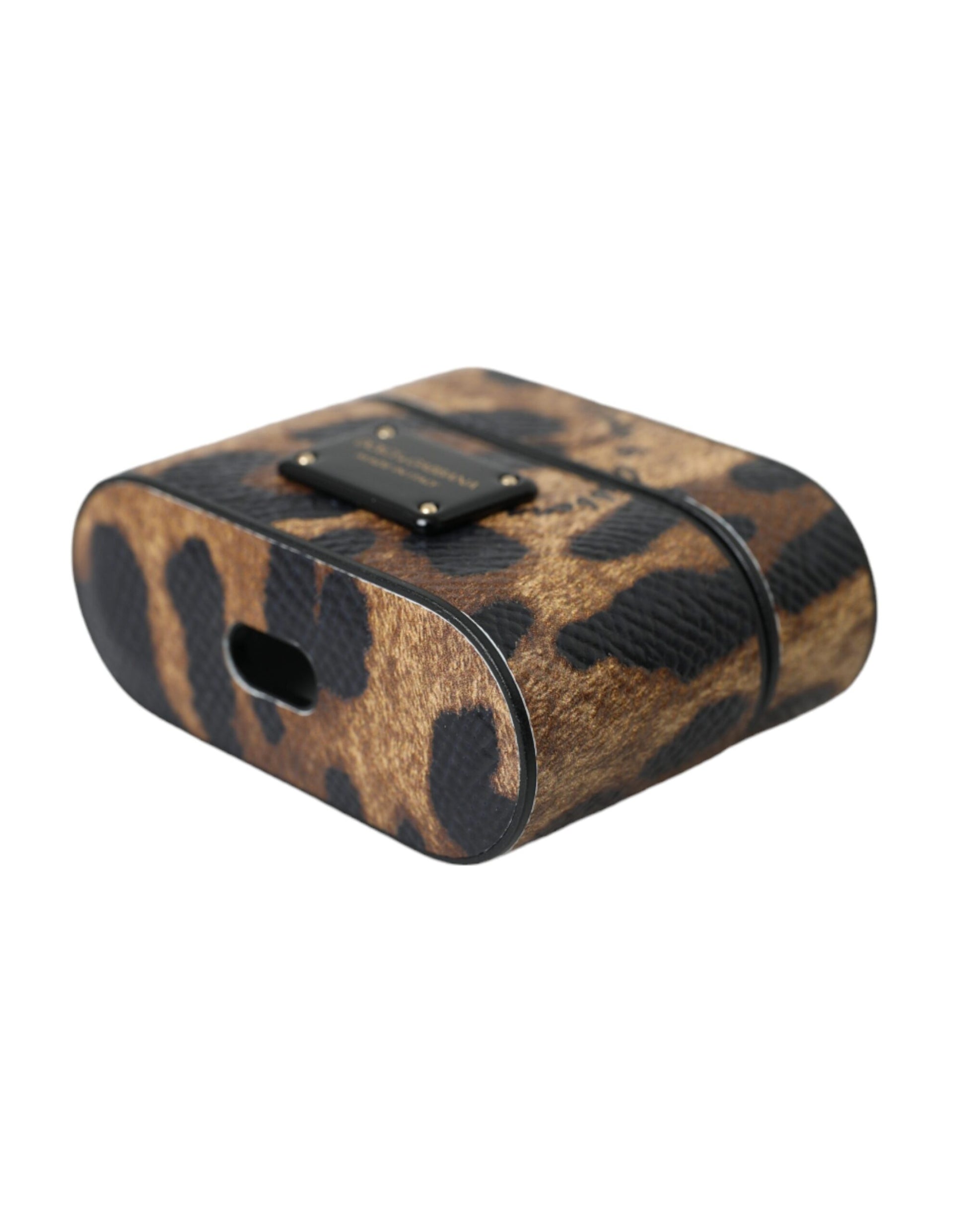 Dolce & Gabbana Brown Leopard Calf Leather Metal Logo Plaque Airpods Case - ClickThatClicks 