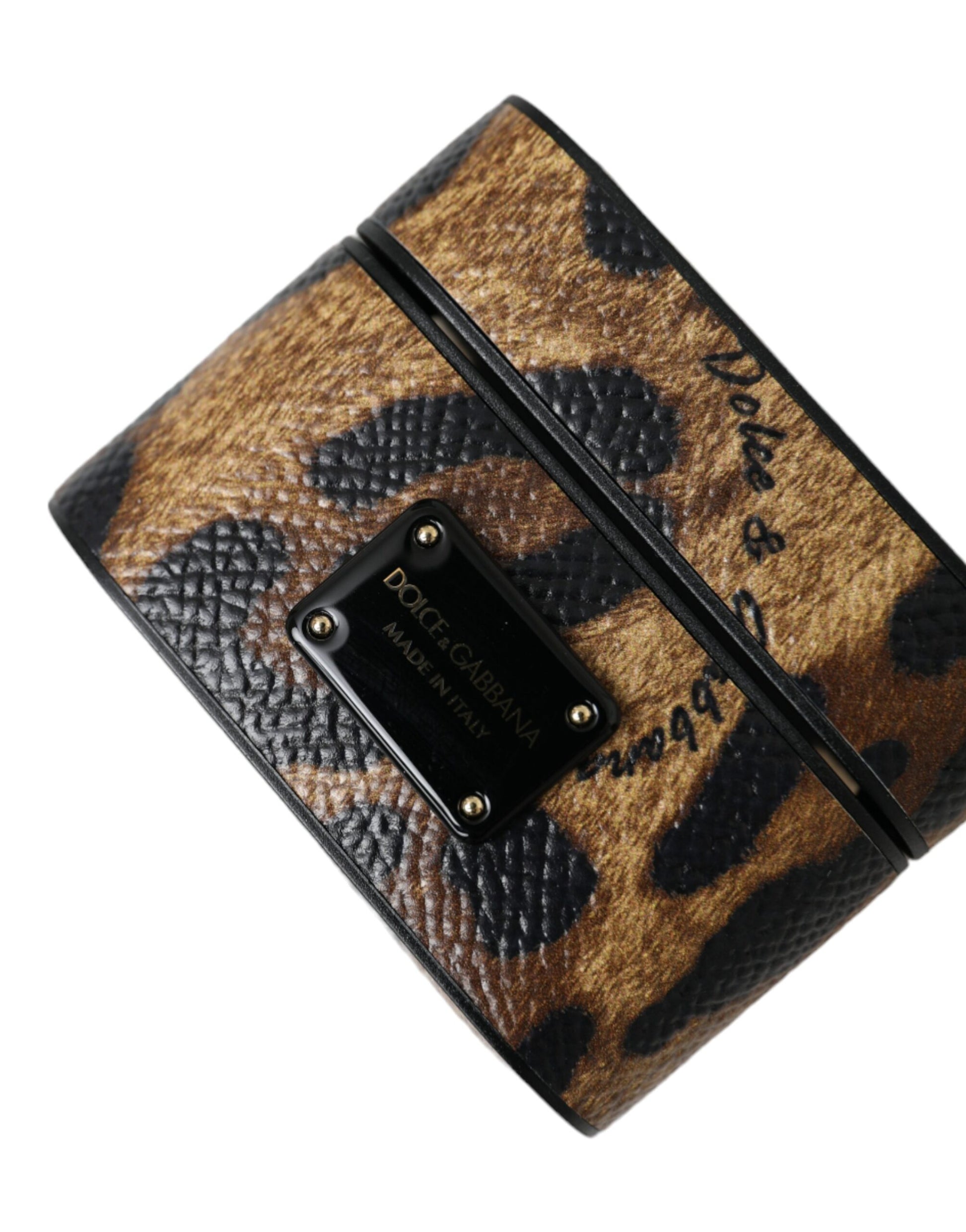 Dolce & Gabbana Brown Leopard Calf Leather Metal Logo Plaque Airpods Case - ClickThatClicks 
