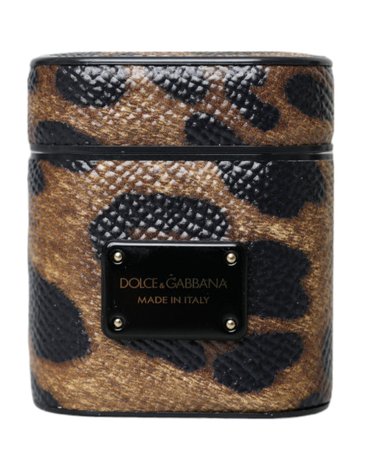 Dolce & Gabbana Brown Leopard Calf Leather Metal Logo Plaque Airpods Case - ClickThatClicks 