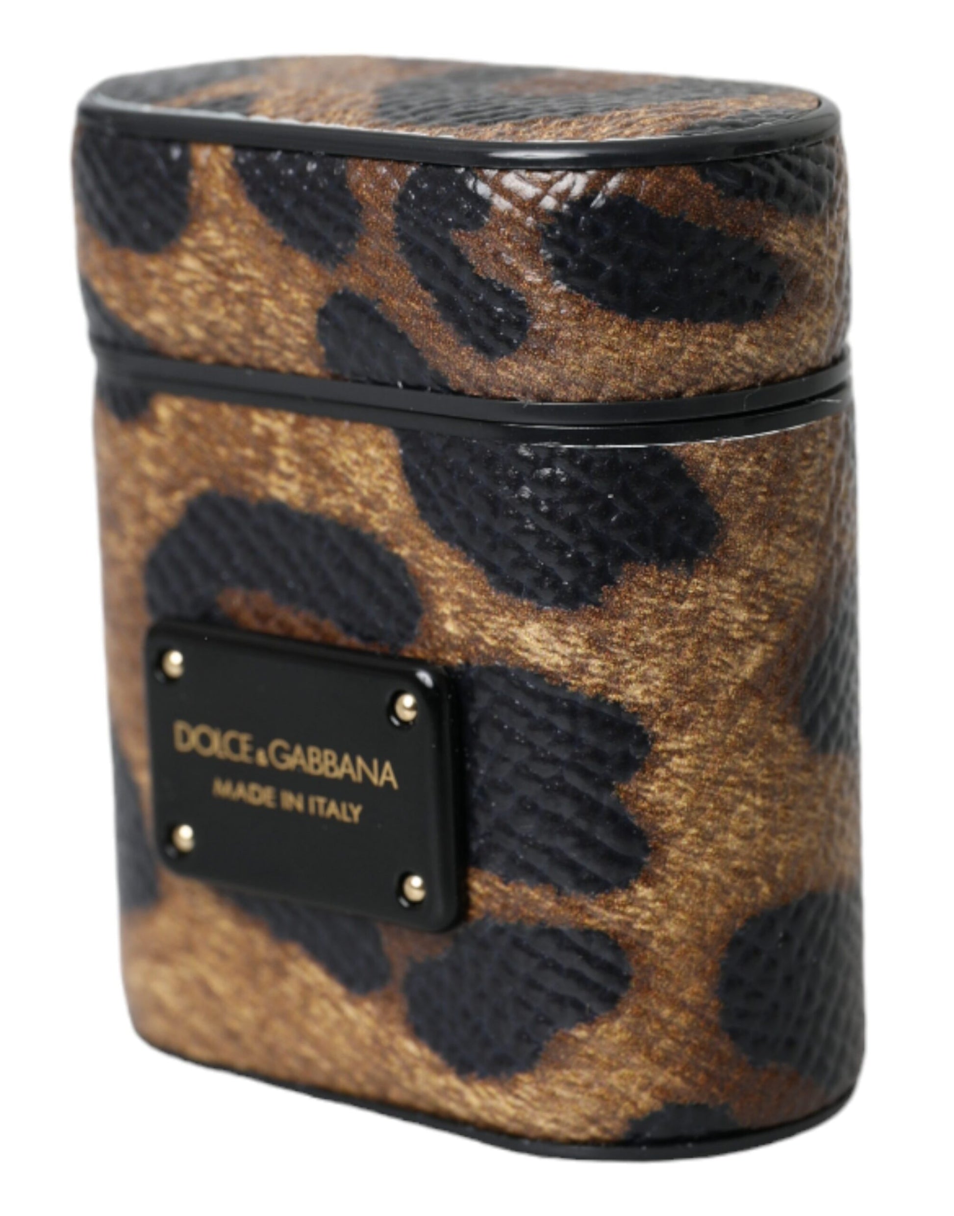 Dolce & Gabbana Brown Leopard Calf Leather Metal Logo Plaque Airpods Case - ClickThatClicks 