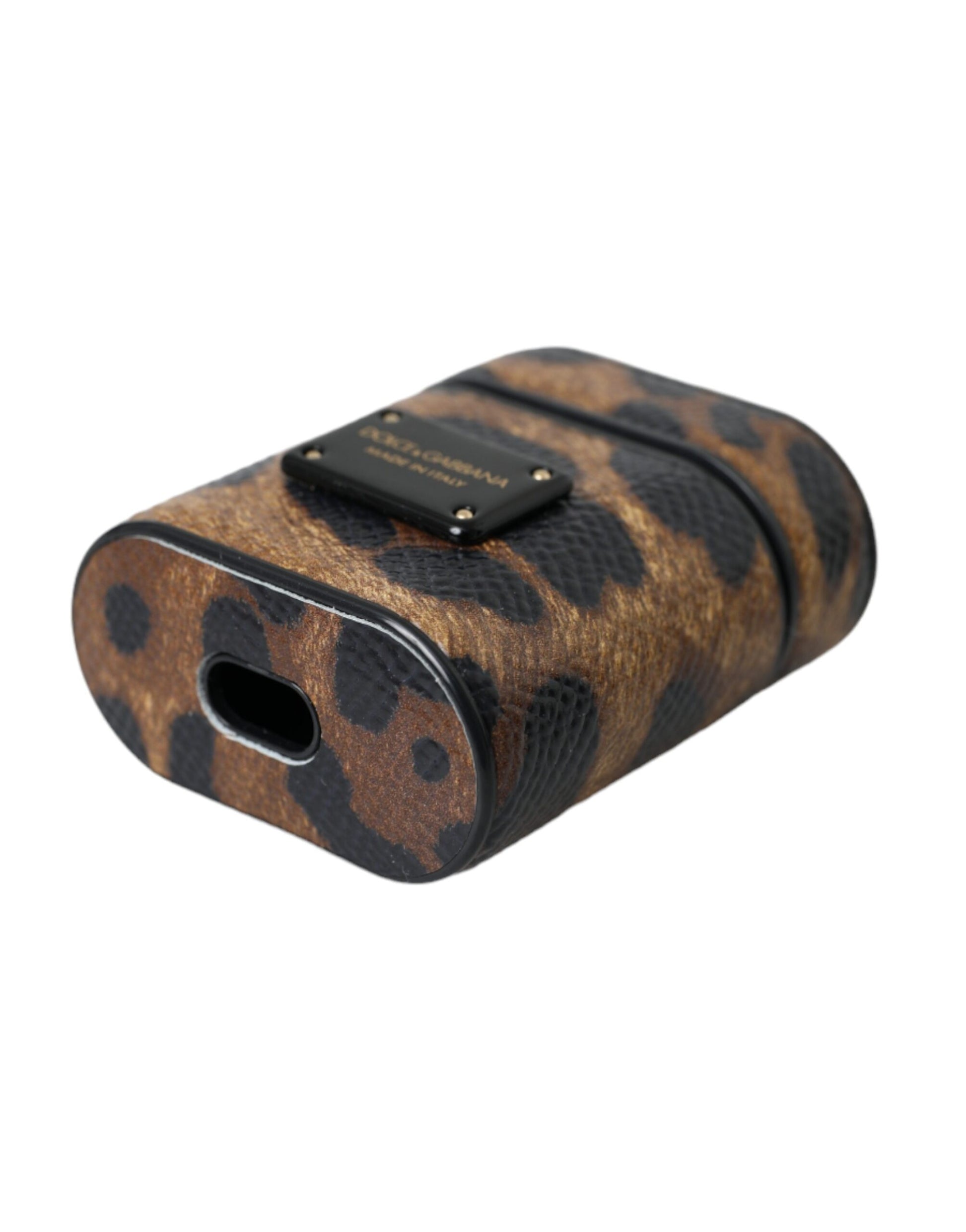 Dolce & Gabbana Brown Leopard Calf Leather Metal Logo Plaque Airpods Case - ClickThatClicks 