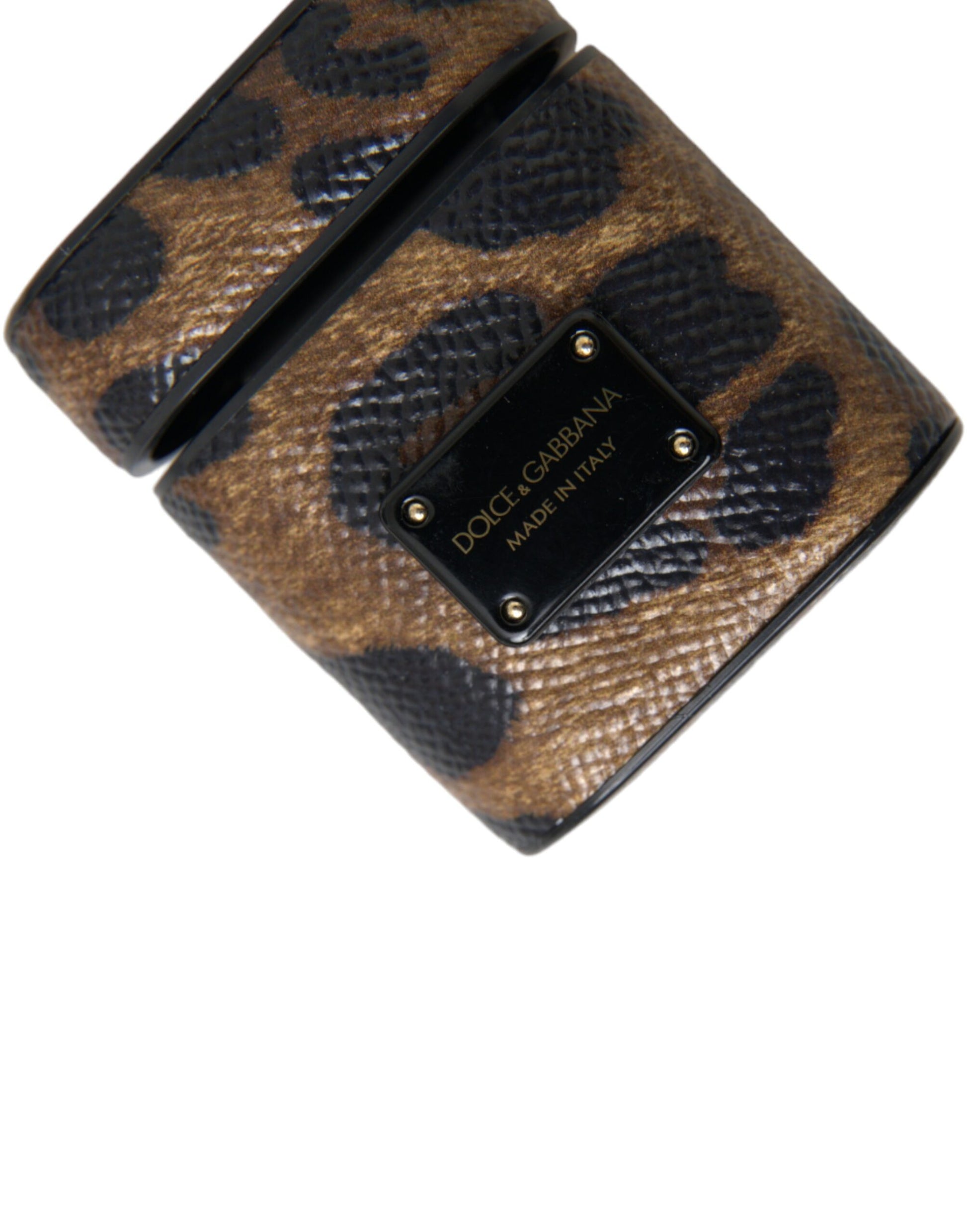 Dolce & Gabbana Brown Leopard Calf Leather Metal Logo Plaque Airpods Case - ClickThatClicks 