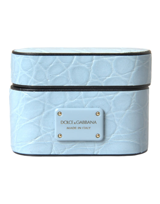 Dolce & Gabbana Light Blue Leather Metal Logo Plaque Airpods Case - ClickThatClicks 