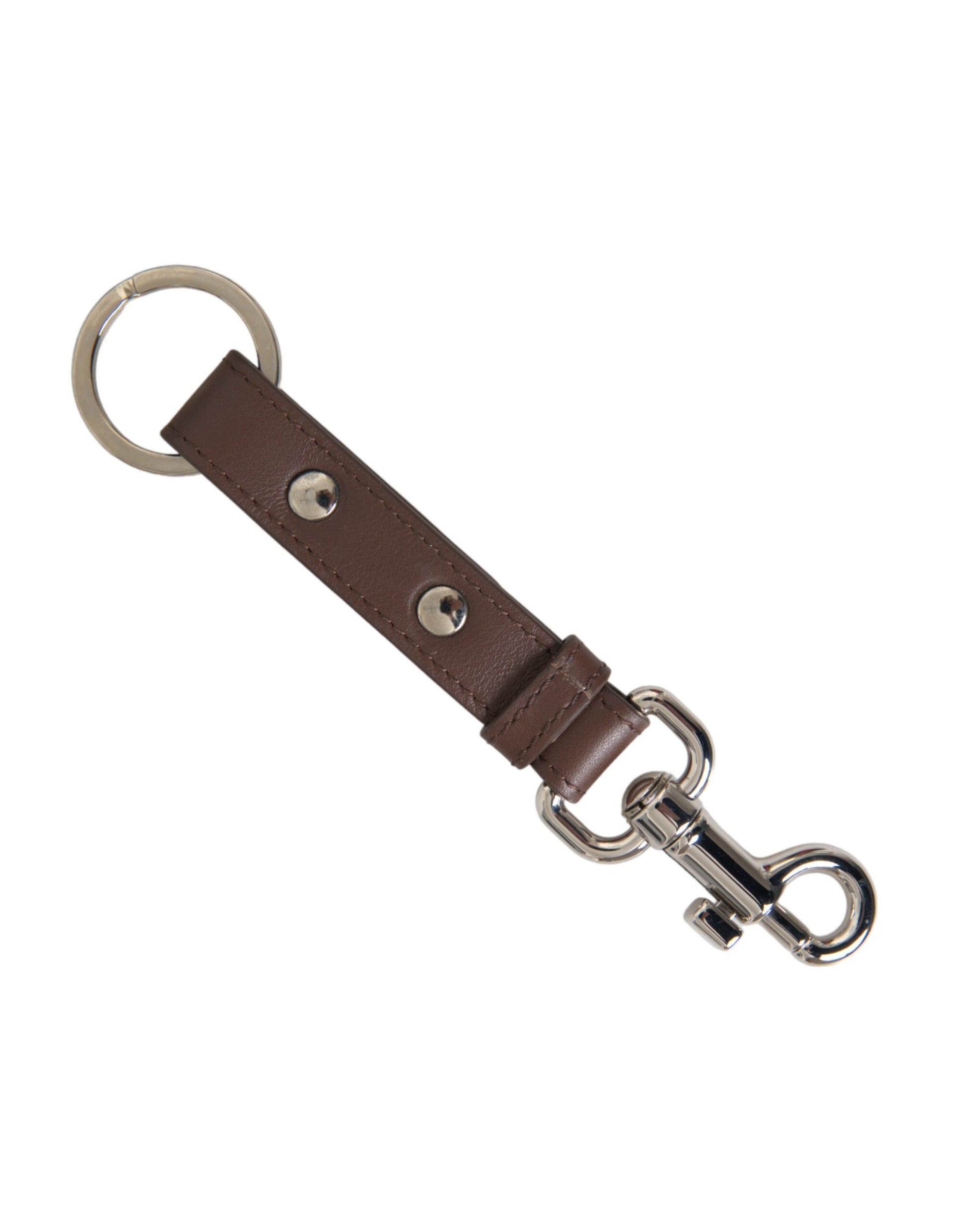 Dolce & Gabbana Brown Plain Leather Silver Brass Keyring Holder Keychain - ClickThatClicks 