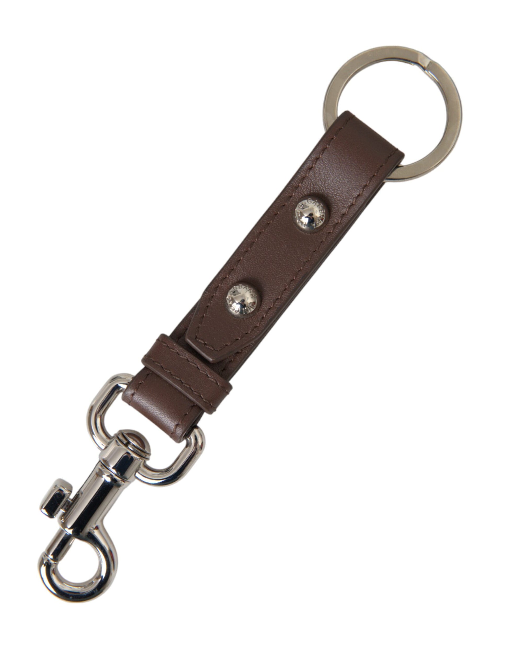 Dolce & Gabbana Brown Plain Leather Silver Brass Keyring Holder Keychain - ClickThatClicks 