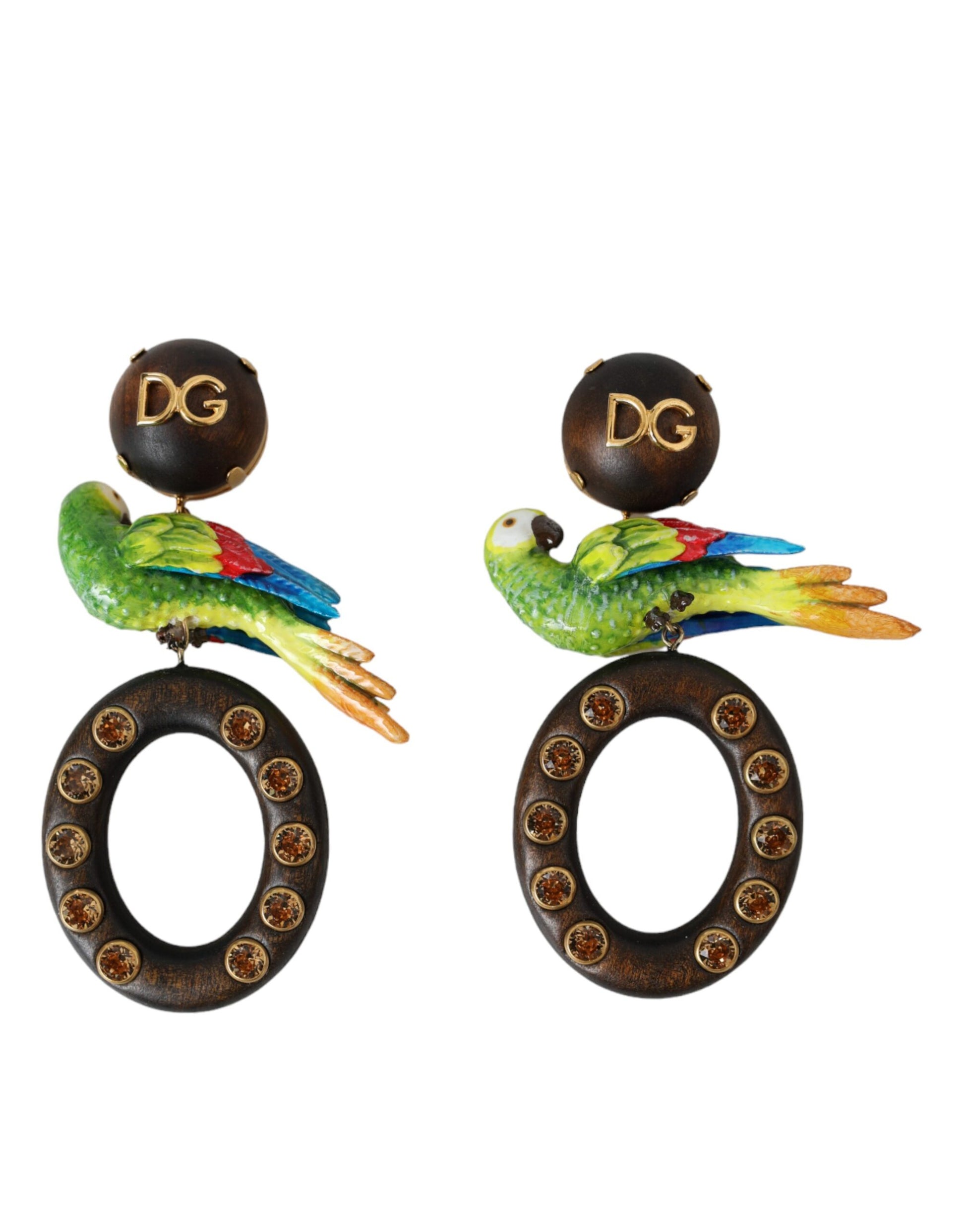Dolce & Gabbana Multicolor Parrot Wood Brass Crystal Embellished Earrings - ClickThatClicks 