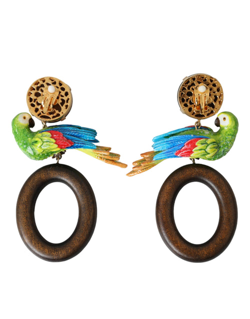 Dolce & Gabbana Multicolor Parrot Wood Brass Crystal Embellished Earrings - ClickThatClicks 