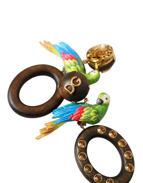 Dolce & Gabbana Multicolor Parrot Wood Brass Crystal Embellished Earrings - ClickThatClicks 