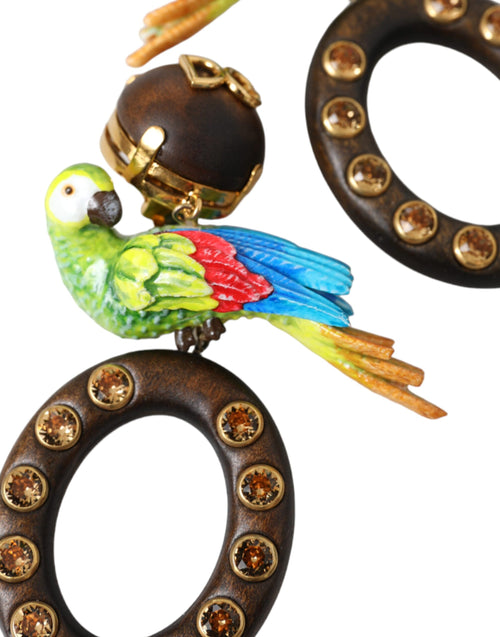 Dolce & Gabbana Multicolor Parrot Wood Brass Crystal Embellished Earrings - ClickThatClicks 