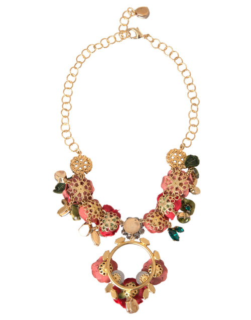 Dolce & Gabbana Gold Brass Link Chain RosePetal Crystal Pendant Necklace - ClickThatClicks 
