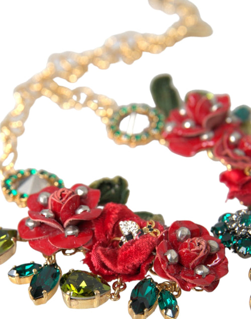 Dolce & Gabbana Gold Brass Link Chain RosePetal Crystal Pendant Necklace - ClickThatClicks 