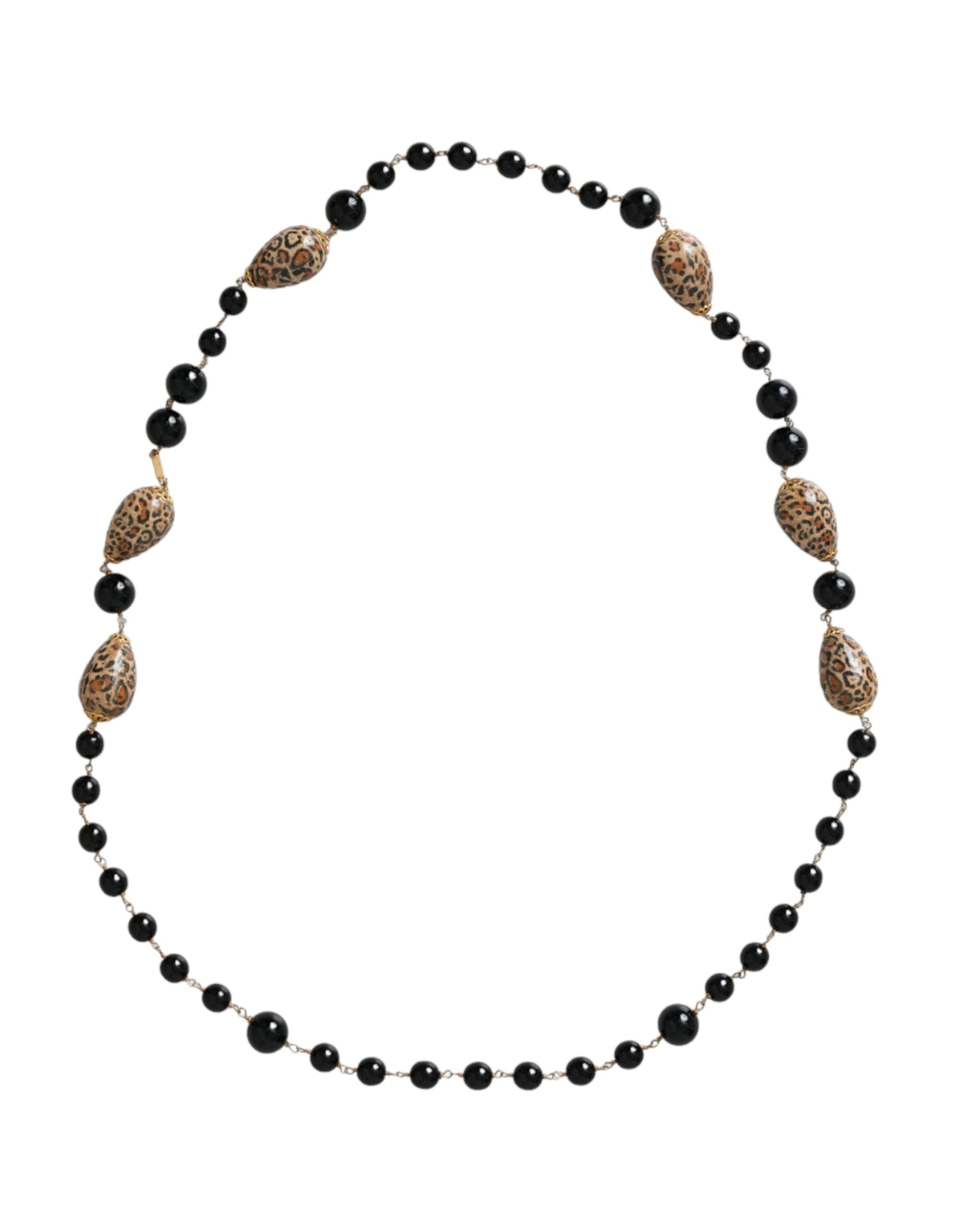Dolce & Gabbana Gold Tone Brass Black Printed Beaded Long Chain Necklace - ClickThatClicks 