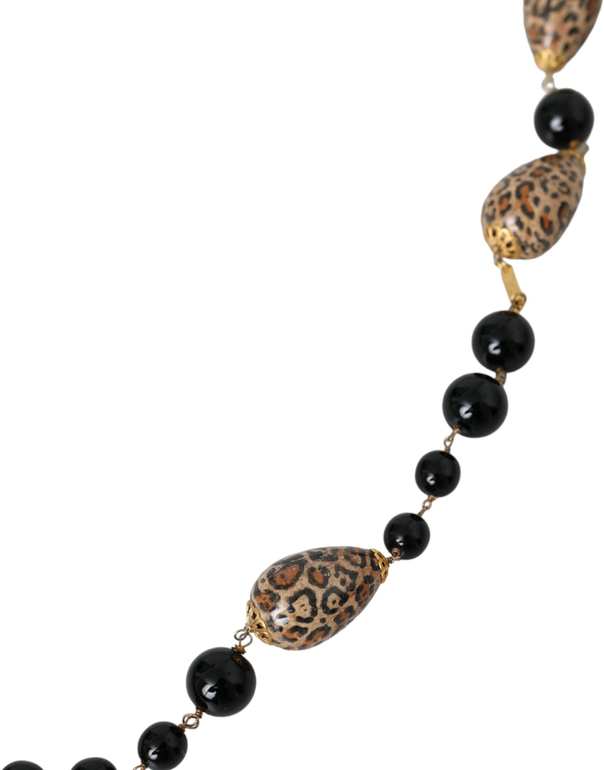 Dolce & Gabbana Gold Tone Brass Black Printed Beaded Long Chain Necklace - ClickThatClicks 