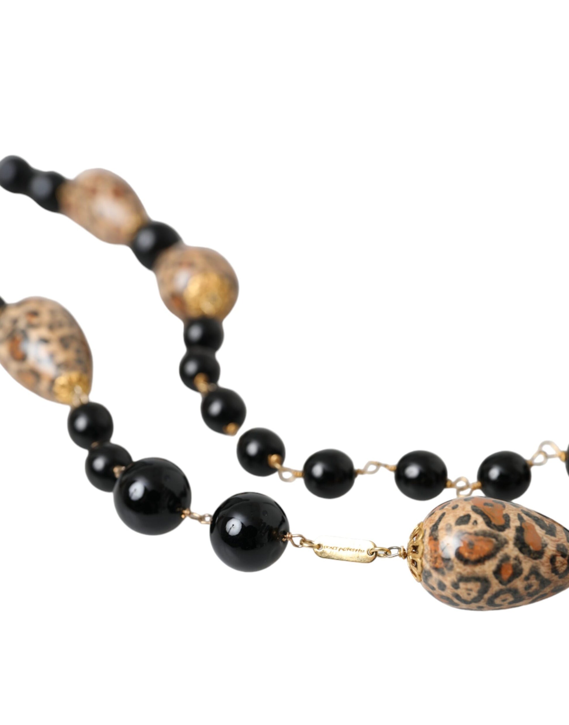 Dolce & Gabbana Gold Tone Brass Black Printed Beaded Long Chain Necklace - ClickThatClicks 