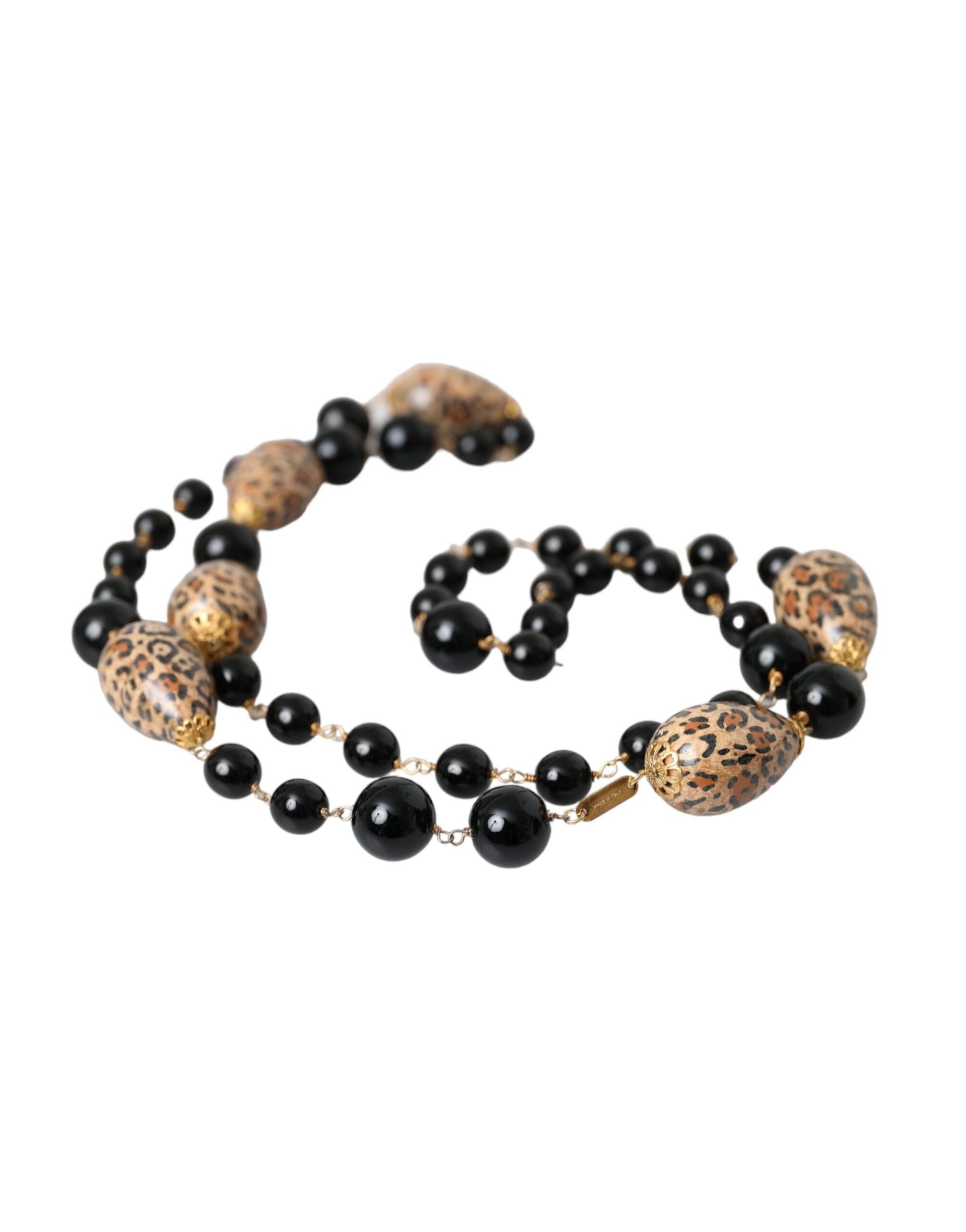 Dolce & Gabbana Gold Tone Brass Black Printed Beaded Long Chain Necklace - ClickThatClicks 