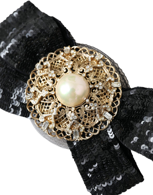 Dolce & Gabbana Black Sequin Pearl Handmade Brooch Hair Pin - ClickThatClicks 