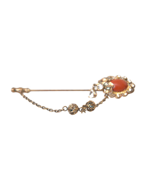 Dolce & Gabbana Gold Brass Crystal Chain 925 Sterling Silver Pin Brooch - ClickThatClicks 