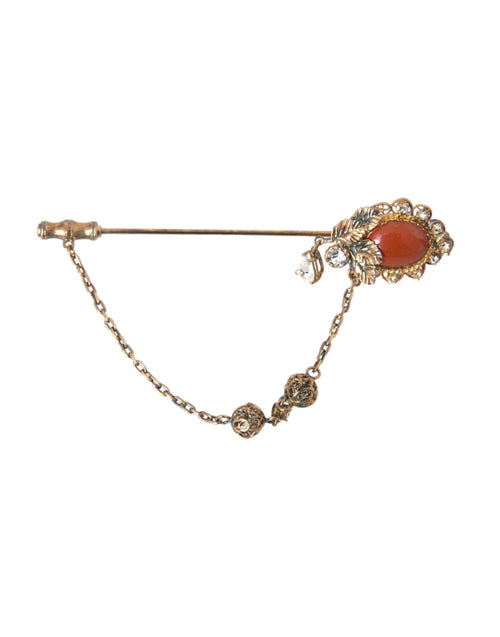 Dolce & Gabbana Gold Brass Crystal Chain 925 Sterling Silver Pin Brooch - ClickThatClicks 