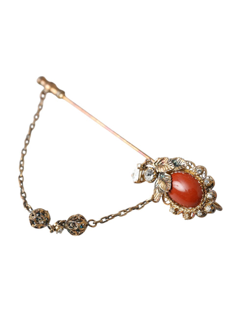 Dolce & Gabbana Gold Brass Crystal Chain 925 Sterling Silver Pin Brooch - ClickThatClicks 